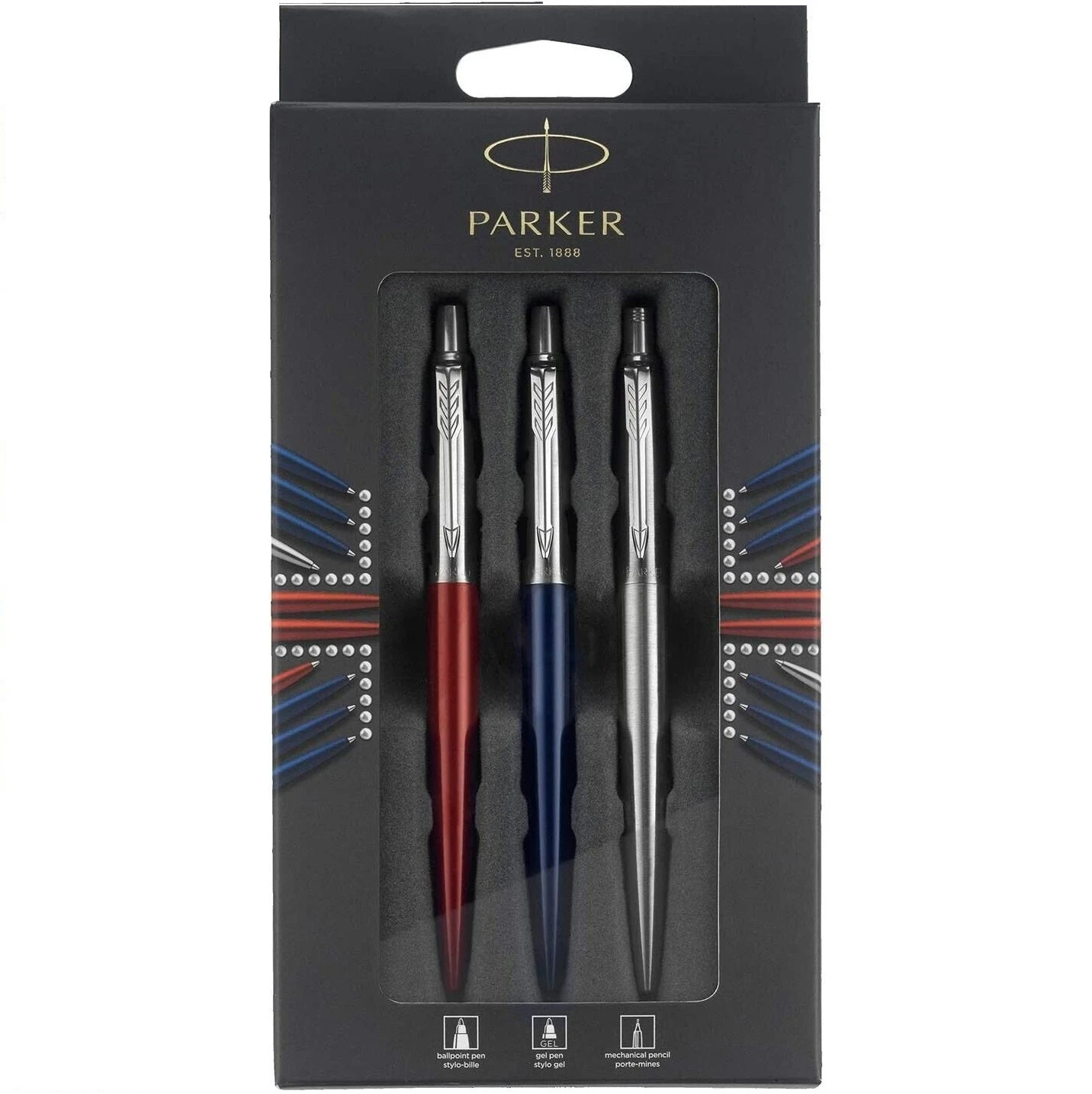 Parker® Parker 3-Piece Jotter Set, Blue Ballpoint Pen, Red Gel Pen, Stainless Pencil